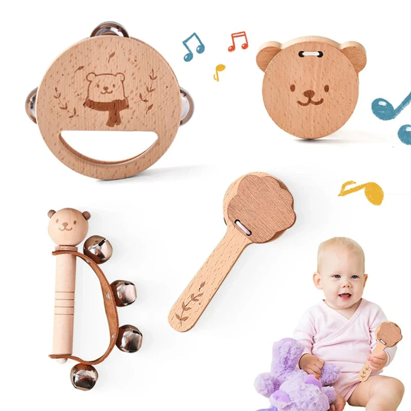 Wooden Montessori bear rattle and teething toys made of natural BPA-free wood with baby holding rattle.