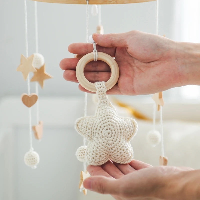 Wooden Baby Crib Mobile – Crochet Stars Bed Bell Rattle Toy