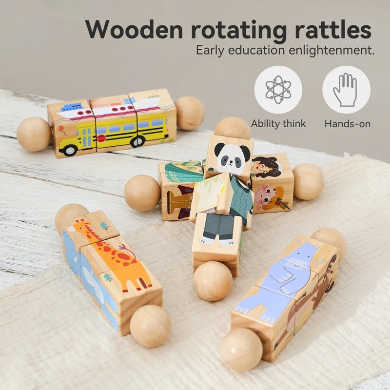 Baby Wooden Rattle Montessori Toy – Rotating Cartoon Puzzle Gift