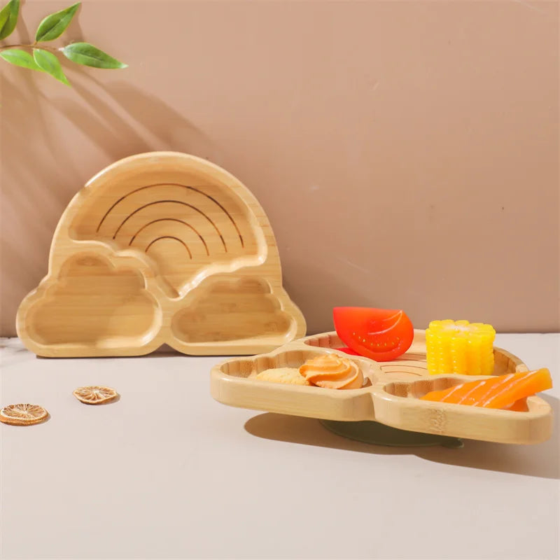Eco-Friendly Baby Wooden Tableware Set: Bamboo Plates, Bowls & Silicone Suction Forks/Spoons for Safe Feeding