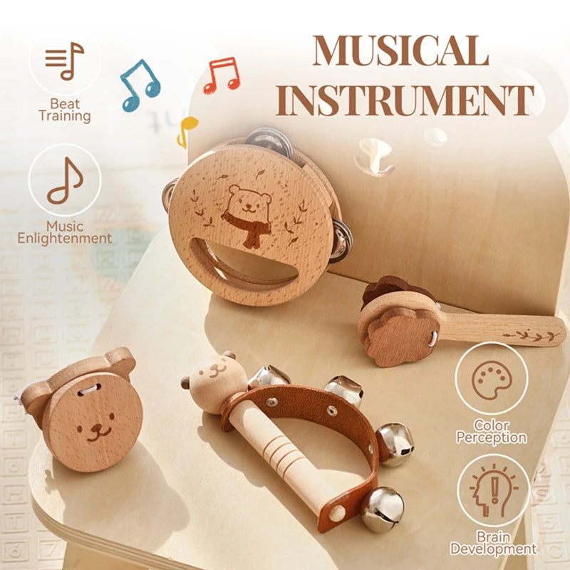 Wooden Montessori Bear Rattle – BPA Free Teething Toy for Babies