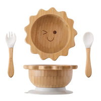 Eco-Friendly Baby Wooden Tableware Set: Bamboo Plates, Bowls & Silicone Suction Forks/Spoons for Safe Feeding
