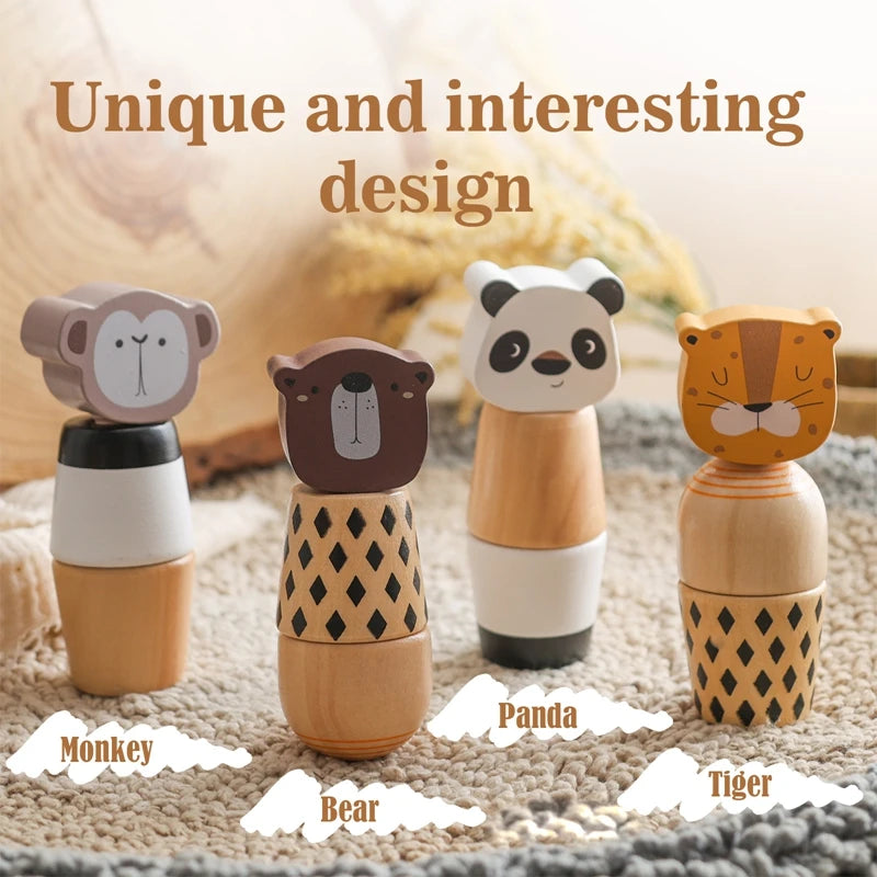 Wooden Montessori Bear Toy – Educational Cartoon Animal Rattle