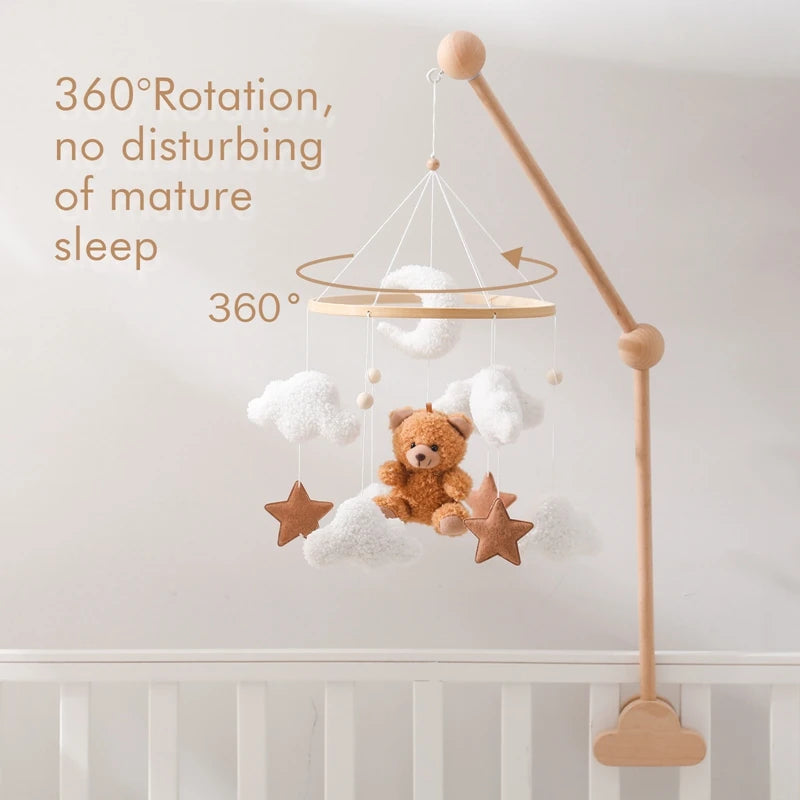 Wooden Baby Crib Mobile with Teddy Bear & Rabbit – Musical Rattle Toy