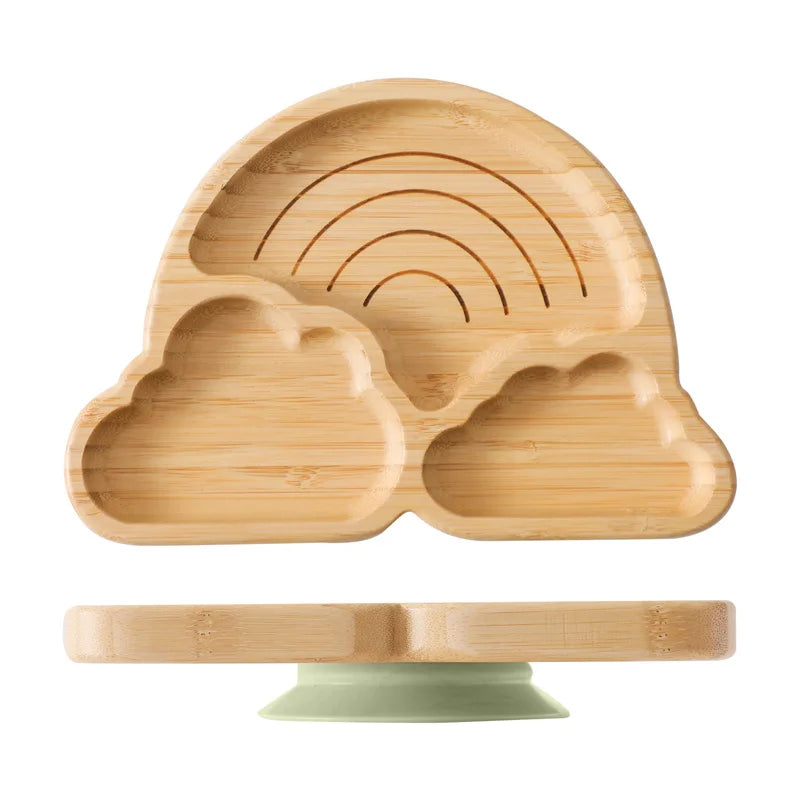 Eco-Friendly Baby Wooden Tableware Set: Bamboo Plates, Bowls & Silicone Suction Forks/Spoons for Safe Feeding