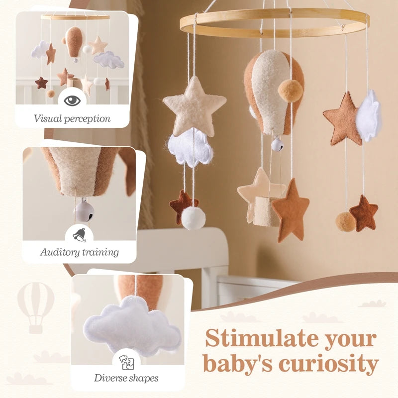 Wooden Baby Crib Mobile – Soft Felt Balloon Rattle Toy with Music