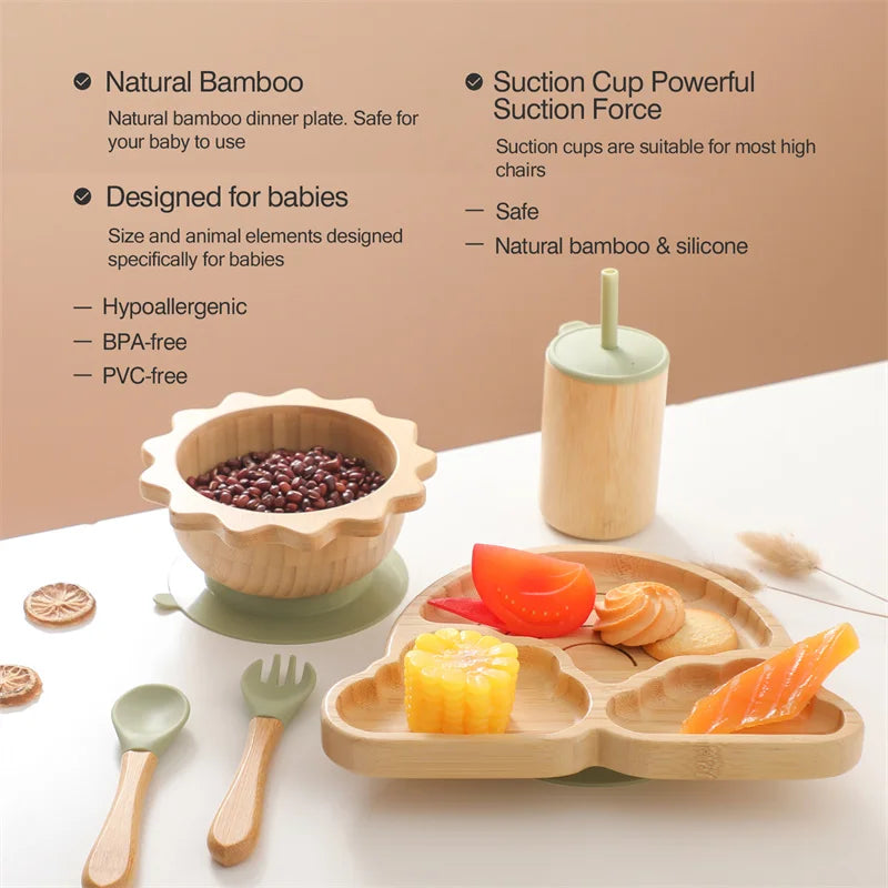 Bamboo Baby Suction Plate Set - BPA-Free, Non-Slip Tableware & Spoon for Stress-Free Feeding