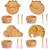 4-piece bamboo kids tableware set with suction plate, bowl, spoon, and fork in cute animal and cloud designs