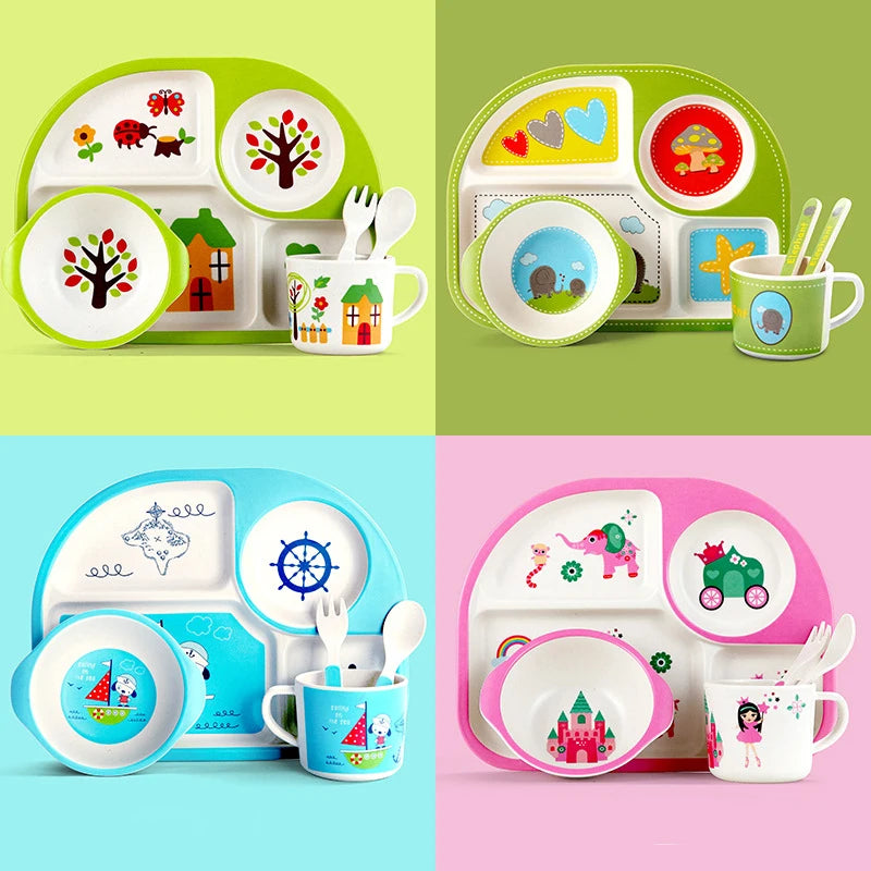 Eco-Friendly Kids Tableware Set - Fall-Proof Bamboo Plates with Non-Slip Design & Fun Patterns