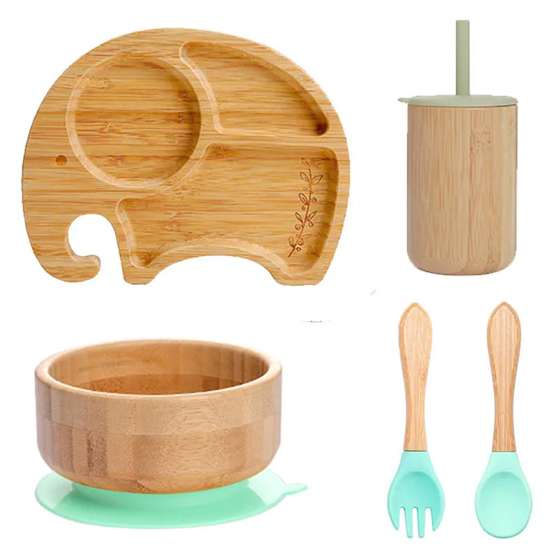 Bopoobo 5-Piece Bamboo Baby Tableware Set - BPA Free, Suction Plates, Eco-Friendly, Perfect for Weaning!