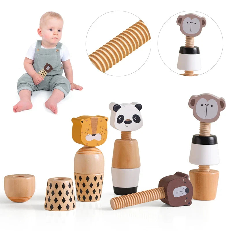 Baby playing with wooden Montessori bear rattle educational toy with animal-shaped puzzle blocks for cognitive development