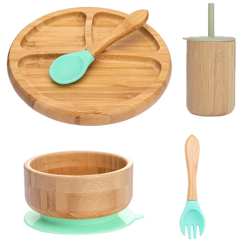 Bopoobo 5-piece bamboo baby tableware set with suction plate, bowl, cup with straw, bamboo spoon and fork, BPA-free and eco-friendly design for infant feeding and weaning