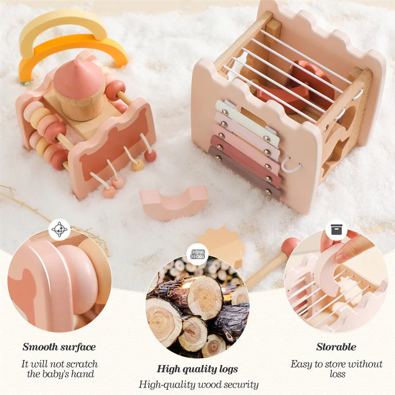 Montessori Wooden Castle Blocks – Pink House Baby Puzzle Toy