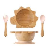 Eco-Friendly Baby Wooden Tableware Set: Bamboo Plates, Bowls & Silicone Suction Forks/Spoons for Safe Feeding