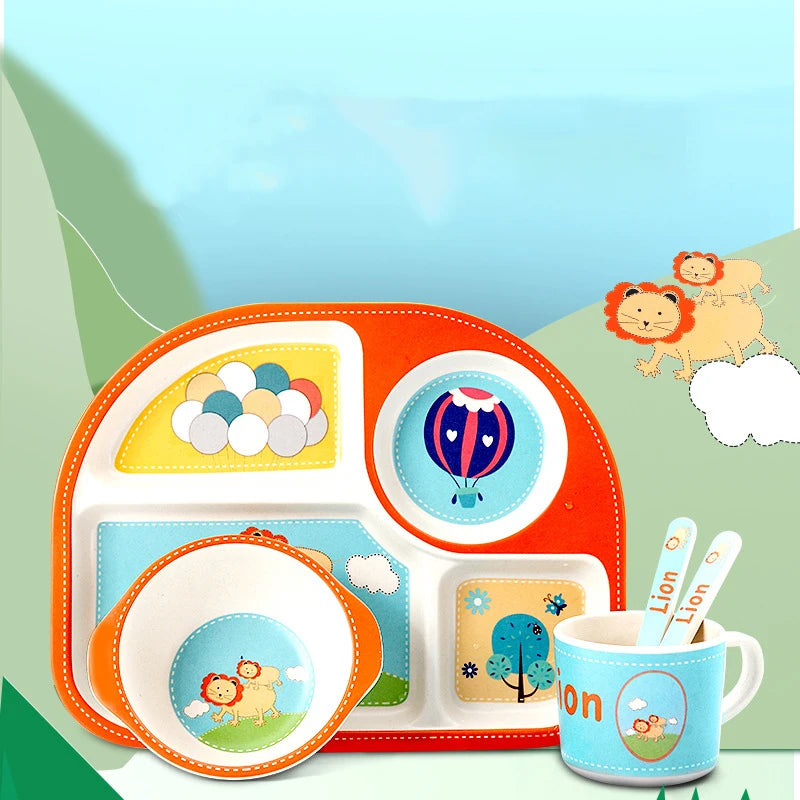 Eco-Friendly Kids Tableware Set - Fall-Proof Bamboo Plates with Non-Slip Design & Fun Patterns