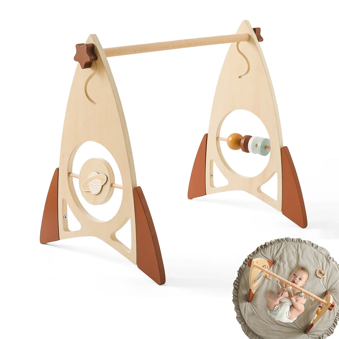 Montessori wooden baby activity gym with foldable rocket frame and sensory toys for infants.