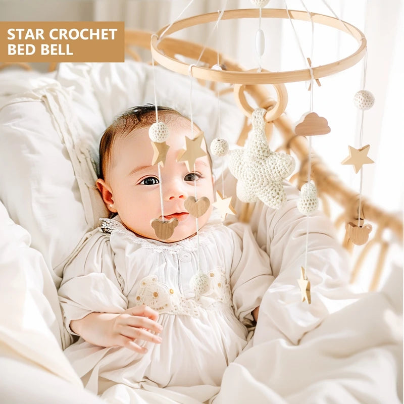 Wooden Baby Crib Mobile – Crochet Stars Bed Bell Rattle Toy