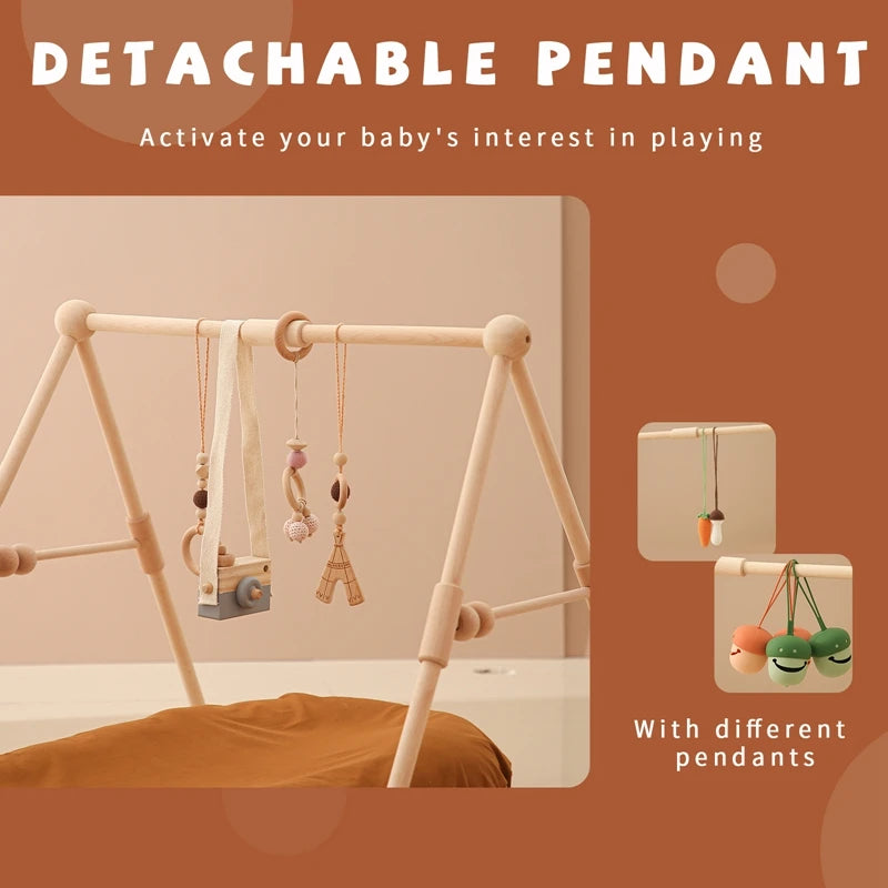 Baby Wooden Gym Frame & Sensory Rattle Toys – Foldable Play Mobile