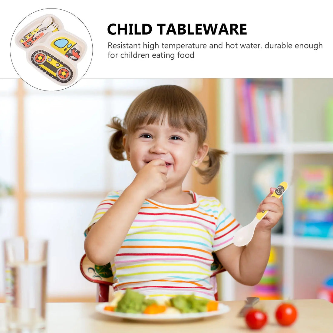 Durable Cartoon Bamboo Fiber Plate Set - Safe Tableware for Kids with Fork & Spoon
