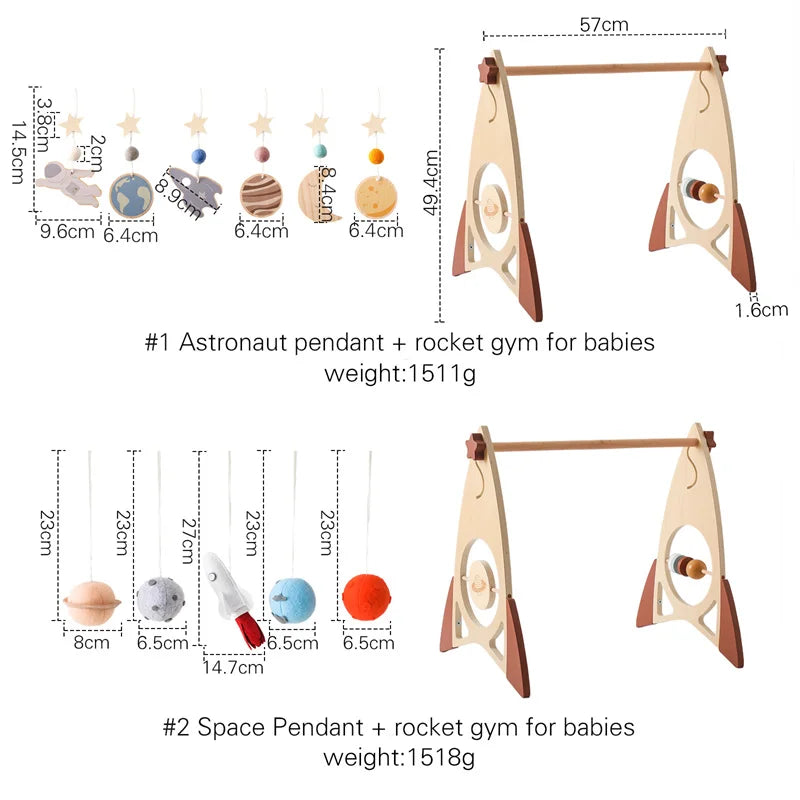 Baby Wooden Gym Frame – Montessori Rocket Activity & Rattle Toy