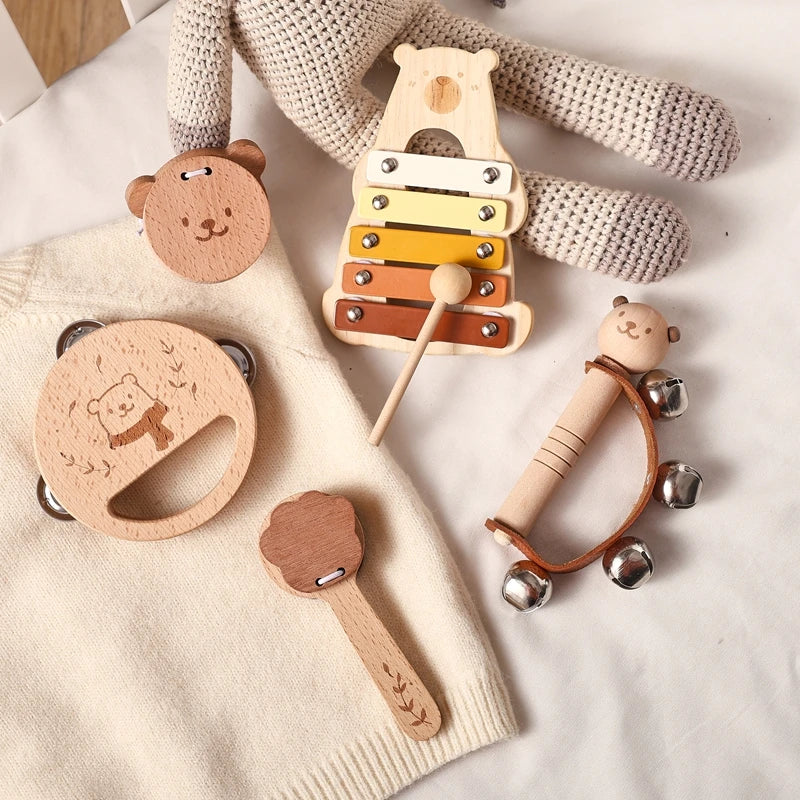 Montessori Wooden Musical Toys for Kids – Drum, Xylophone, Rattle