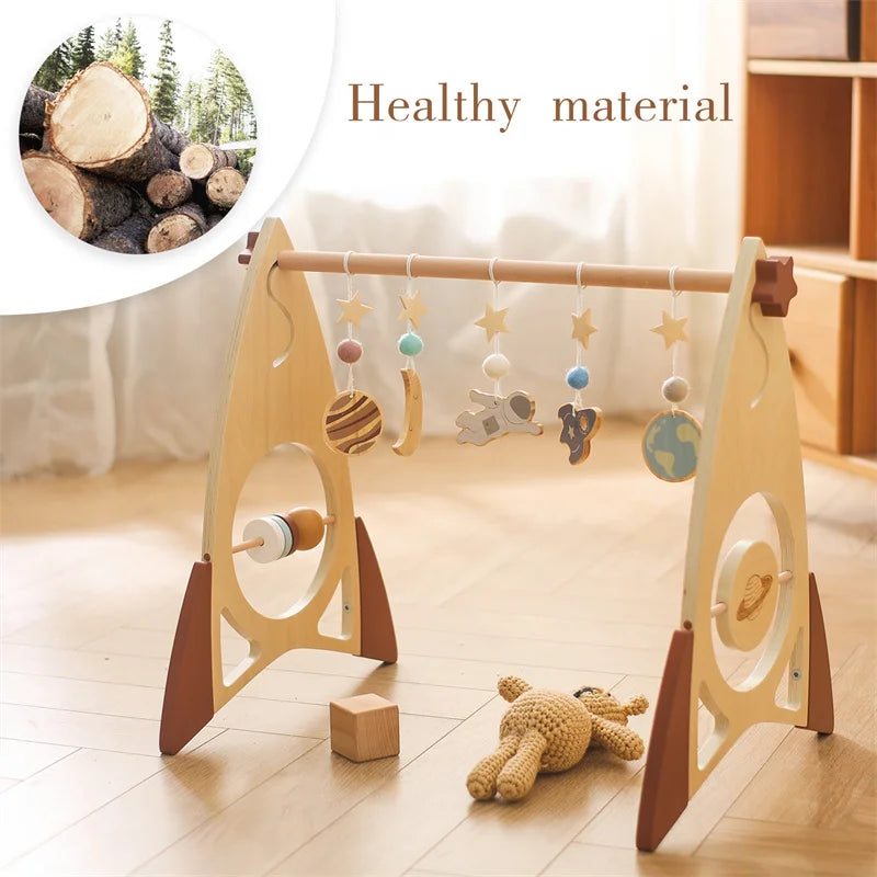 Baby Wooden Gym Frame – Montessori Rocket Activity & Rattle Toy