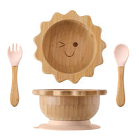 Eco-Friendly Baby Wooden Tableware Set: Bamboo Plates, Bowls & Silicone Suction Forks/Spoons for Safe Feeding