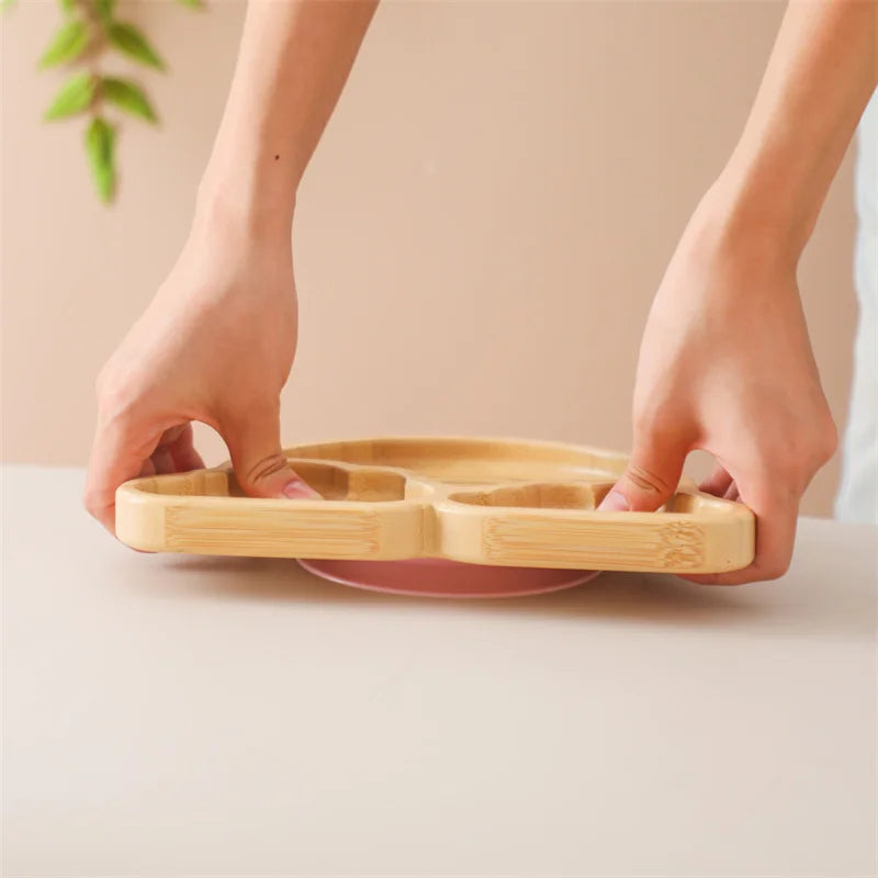 Eco-Friendly Baby Wooden Tableware Set: Bamboo Plates, Bowls & Silicone Suction Forks/Spoons for Safe Feeding