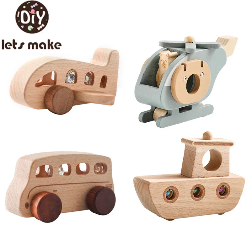 Wooden Montessori transportation toys including plane, helicopter, bus, and boat for toddlers.