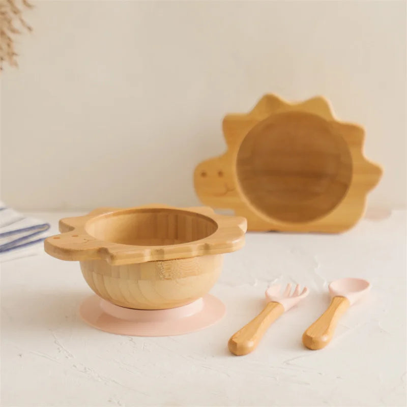 Dinosaur Bamboo Baby Tableware Set - Eco-Friendly Plate, Bowl & Utensils for Safe Feeding