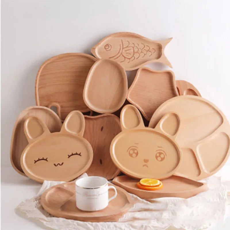 Wooden Baby Feeding Plate Set | Cute Dishes & Sucker Bowl
