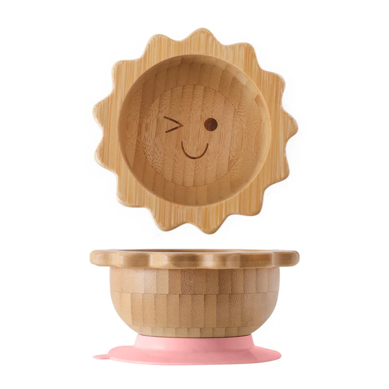 Eco-Friendly Baby Wooden Tableware Set: Bamboo Plates, Bowls & Silicone Suction Forks/Spoons for Safe Feeding