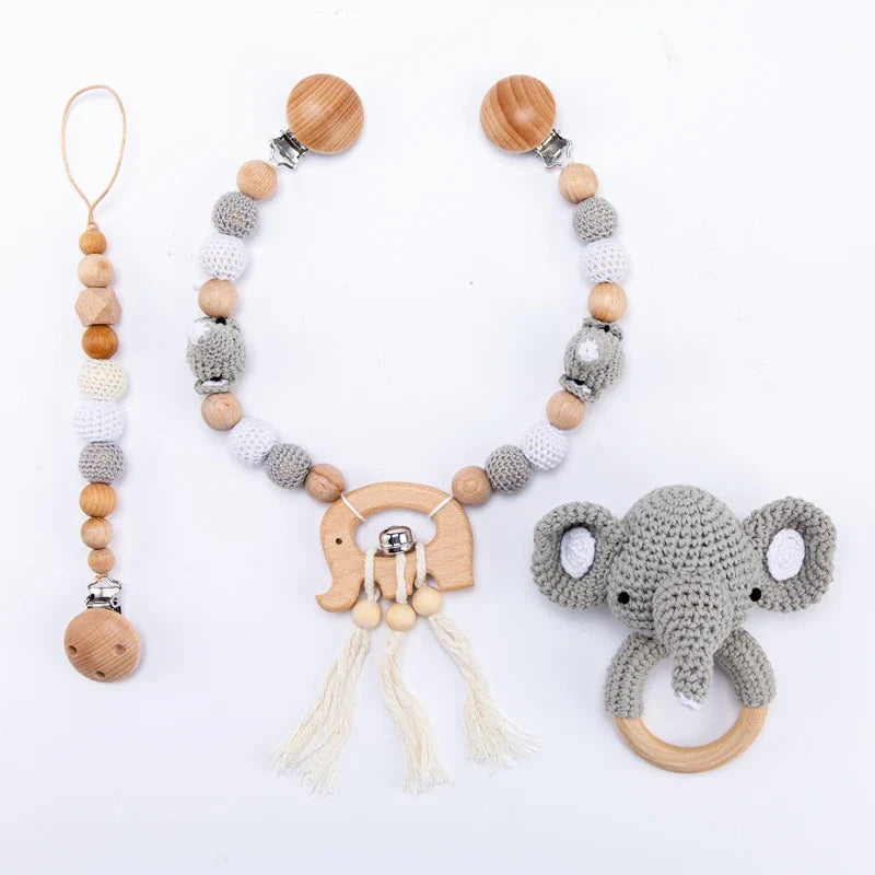 Wooden crochet animal baby stroller and crib toy set with natural wood beads and elephant design