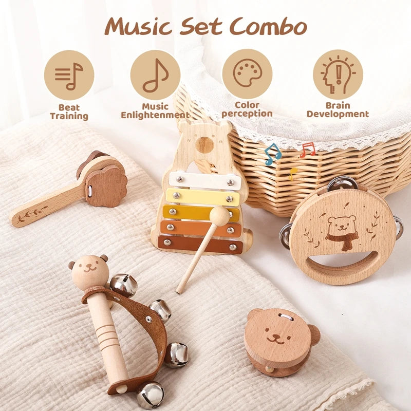 Montessori Wooden Musical Toys for Kids – Drum, Xylophone, Rattle