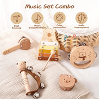 Montessori Wooden Musical Toys for Kids – Drum, Xylophone, Rattle
